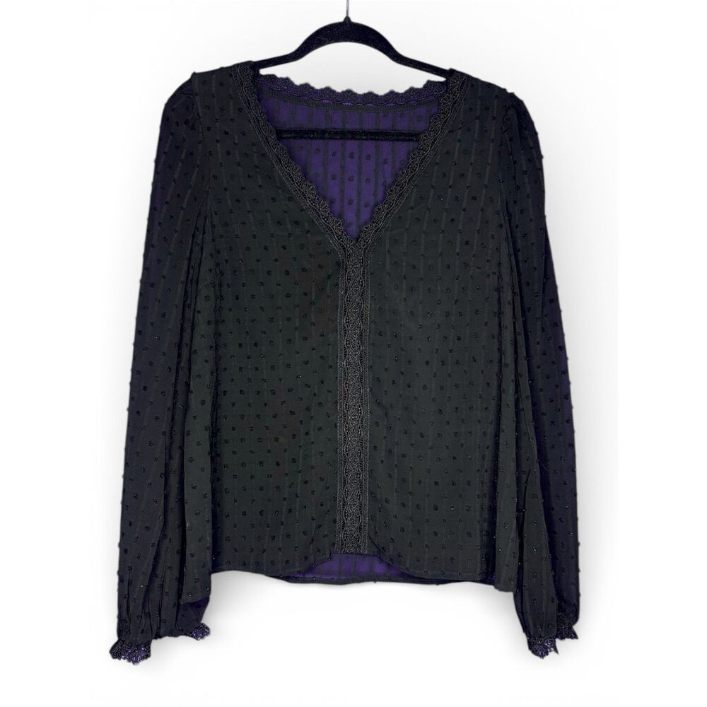 Womens Black Sheer Whimsygoth Ruffle Long Sleeve Blouse Fairy Grunge Swiss Dot M